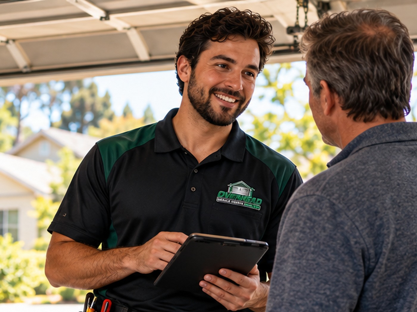 Garage door technician servicing a residential property